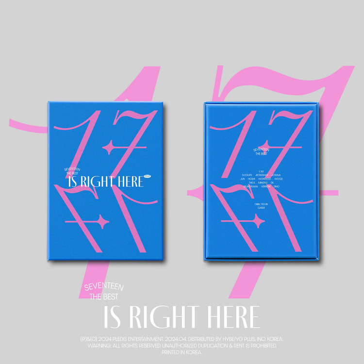 BRIGHT BLUE ALBUM WITH HOT PINK LETTERING THAT SPELLS OUT 17 IS RIGHT HERE.  THE TEXT IS MIRRORED .